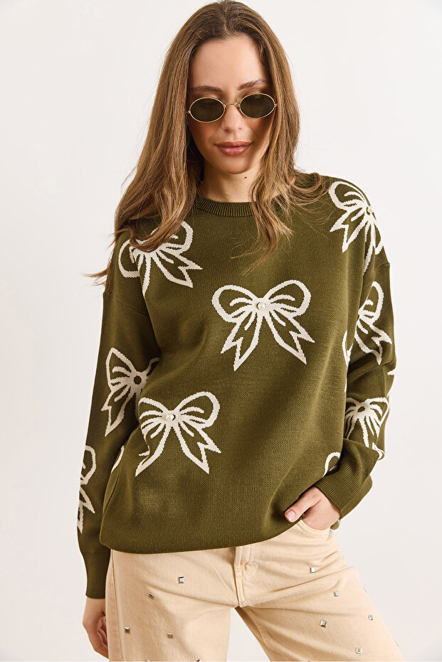 Women's Khaki Bow Detailed Oversized Knitwear Sweater Kzk-19000971