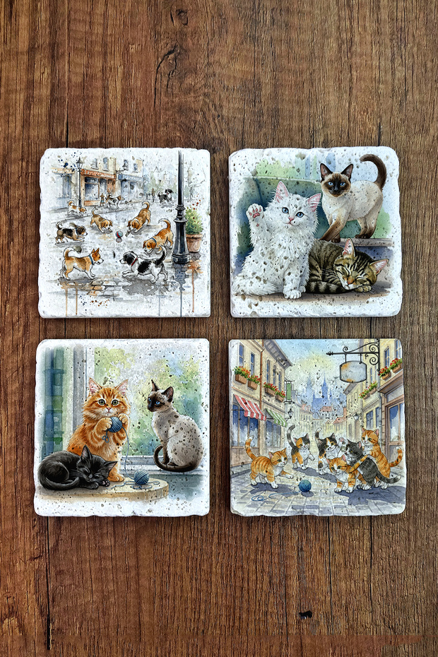 حامل أكواب من الحجر الطبيعي - قطط لطيفة مطبوع حامل أكواب 10x10 سم Ai Stone Coasters 586