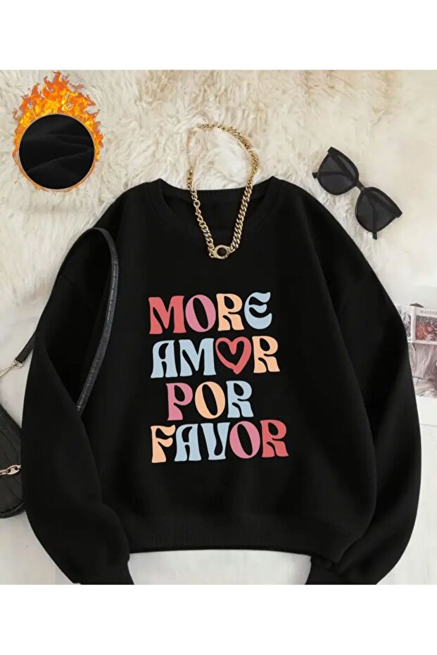 More Amor Print Pattern Detailed Crew Neck Sweatshirt
