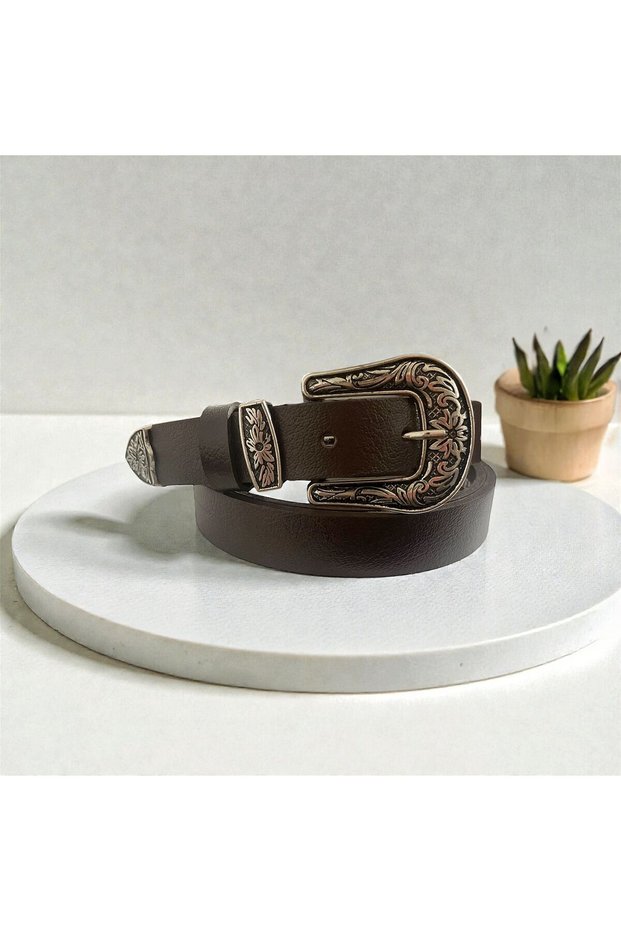 Unisex Genuine Leather 2 cm Western Buckle Belt - Brown Carved Cowboy Style Waist Belt