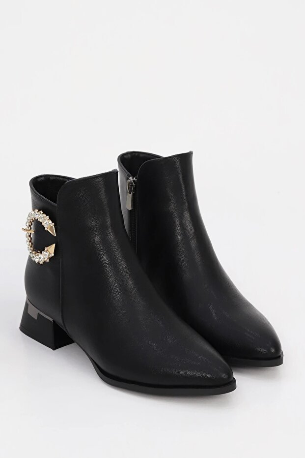 Egd 107 Gold Metal Stone Buckle Detailed Low Sole Ankle Boots