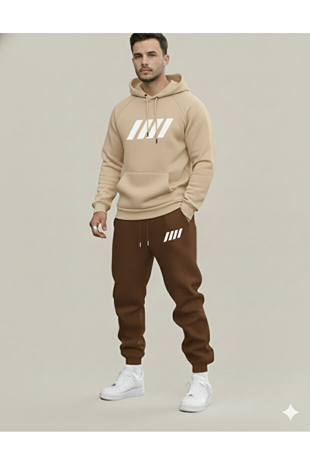 Three-Thread Compact Hooded Cotton-Lined Four-Striped Printed Premium Oversized Tracksuit Set