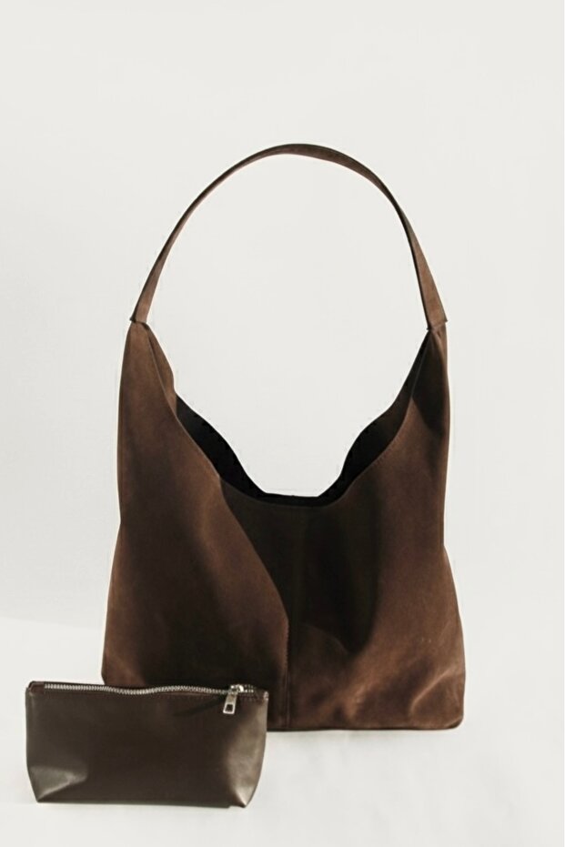 Coquette - Brown Suede Shoulder Bag, Large Size, Large Volume