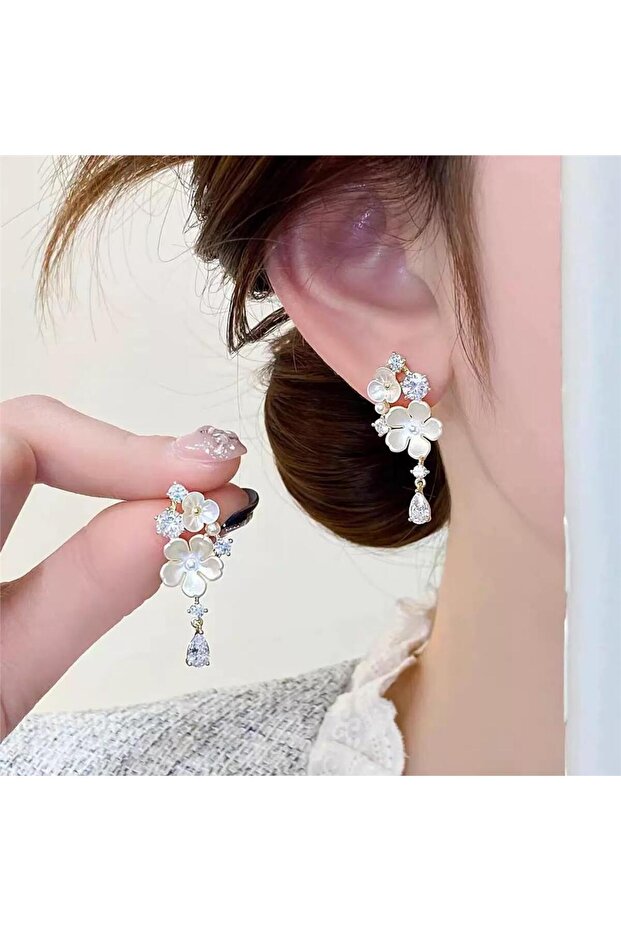 White Mother of Pearl Flower and Crystal Drop Dangle Earrings