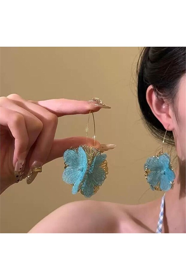 Turquoise Blue Tulle Detailed Large Flower Earrings