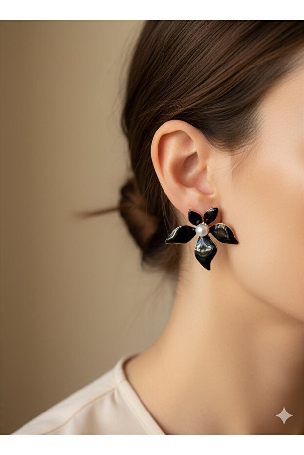 Black Pearl Flower Steel Earrings