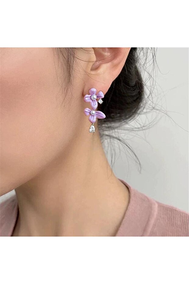 Lilac Purple Enamel Double Flower and Drop Stone Earrings