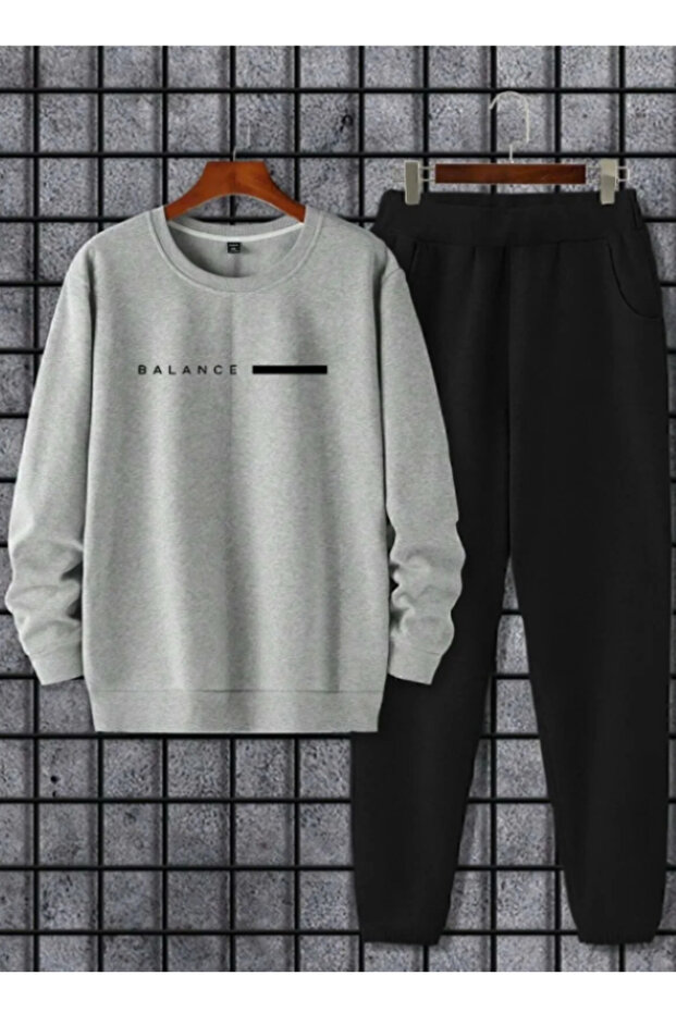 Men's Gray Crew Neck Sweatshirt Black Sweatpants Oversize Sweatpants Set with Balance Summer Design