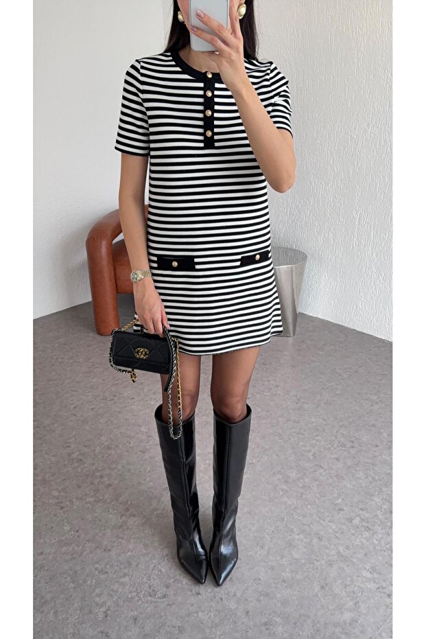 Çelik Triko Çizgili Elbise - 4