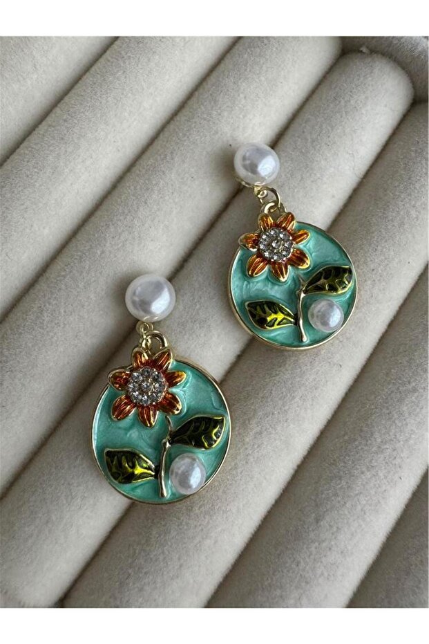 Turquoise Enamel Sunflower and Pearl Detailed Round Earrings