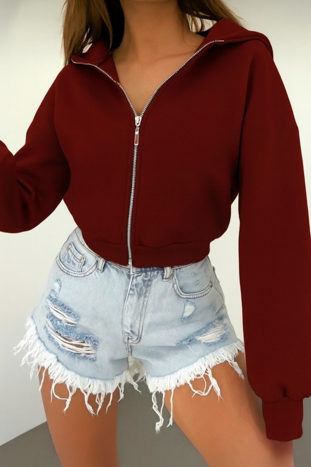 Burgundy Hooded Zippered Crop Sweatshirt Cardigan