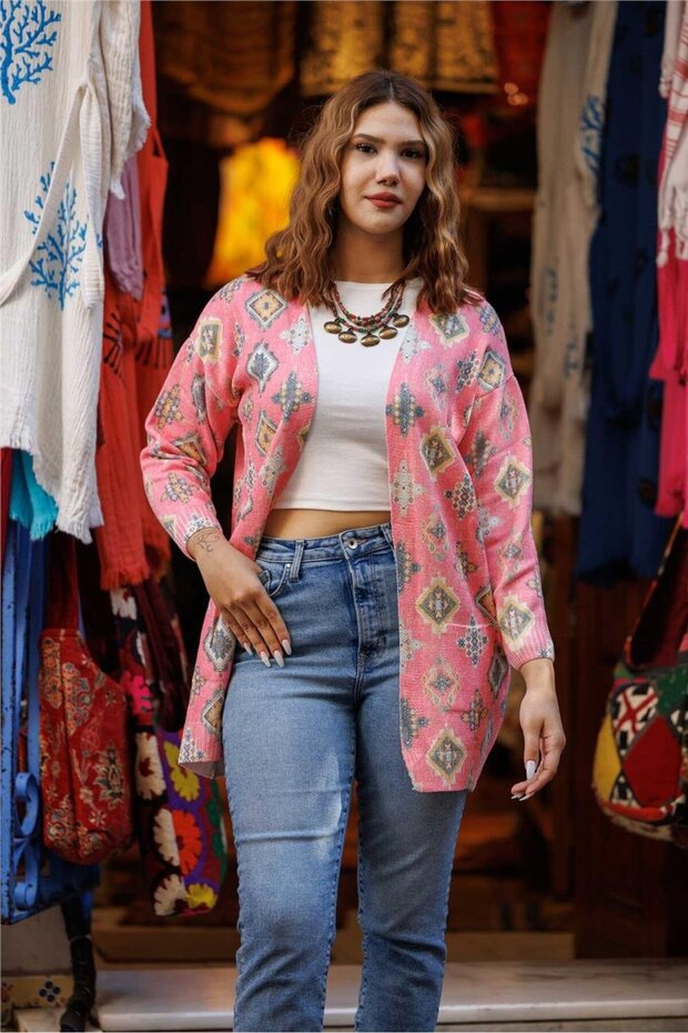 Pink Color Ethnic Patterned Cardigan