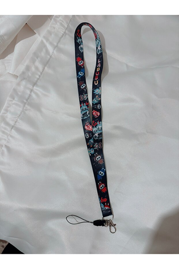 Black Labubu Patterned Neck Strap (Lanyard) – Cute Character Printed Keychain Strap