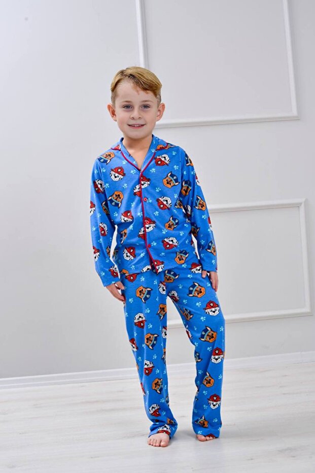 Pjkö Paw Petrol Patterned Long Sleeve Buttoned Front Boys Pajama Set 4-12 Years 517U