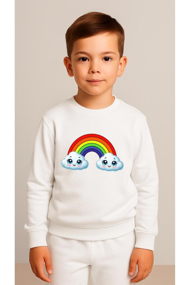 Children's Team Sweatshirt Sky Rainbow Printed Girls Boys Crew Neck3 4-5-6-7-8-9-10-11-12Years