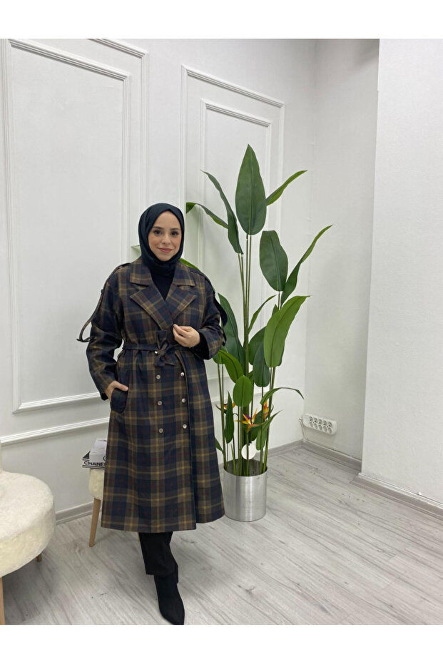 Plaid Pattern Trench Coat - 1