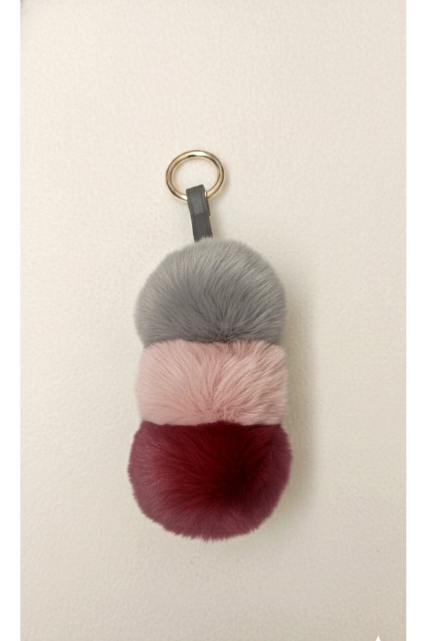 Three Color Plush Fluffy Keychain – Gray Pink Burgundy | Soft Fur Bag Ornament & Keychain