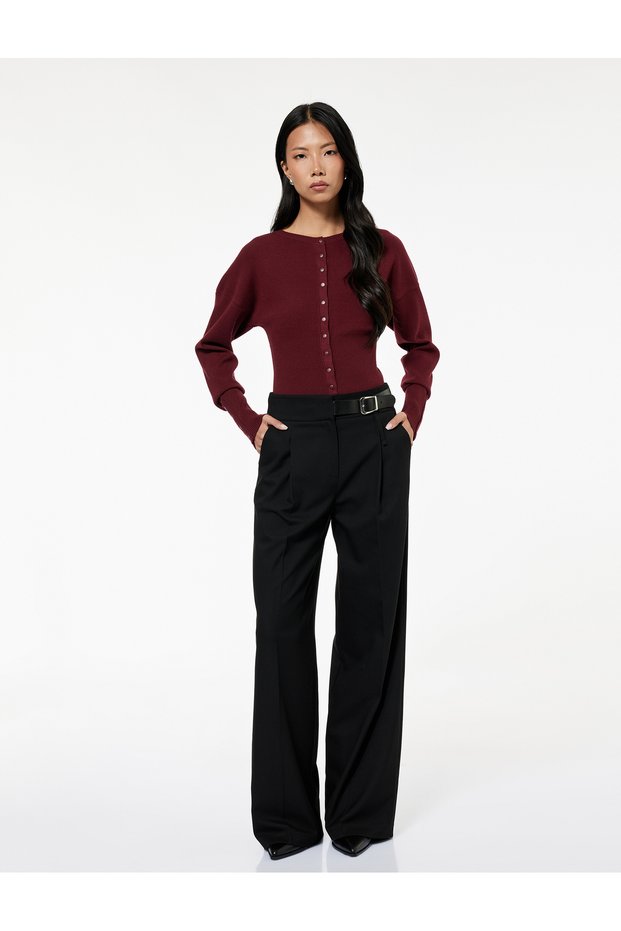 Slim Fit Button Long Balloon Sleeve Crew Neck Knitwear Crop Cardigan