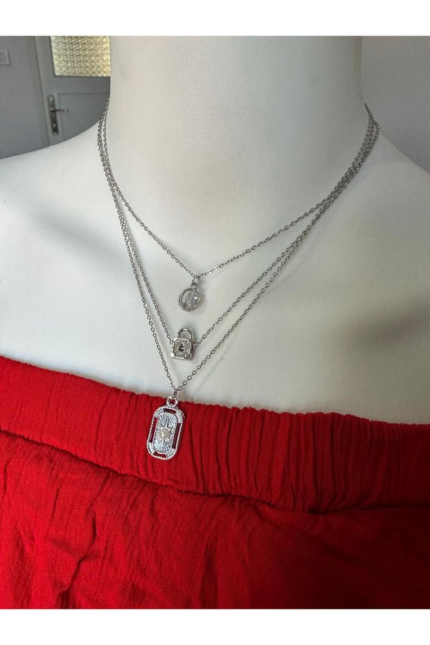 3-Piece Steel Charm Necklace Set, Crystal Stone Necklace, Lock-Shaped Necklace, Pearl Detailed Necklace