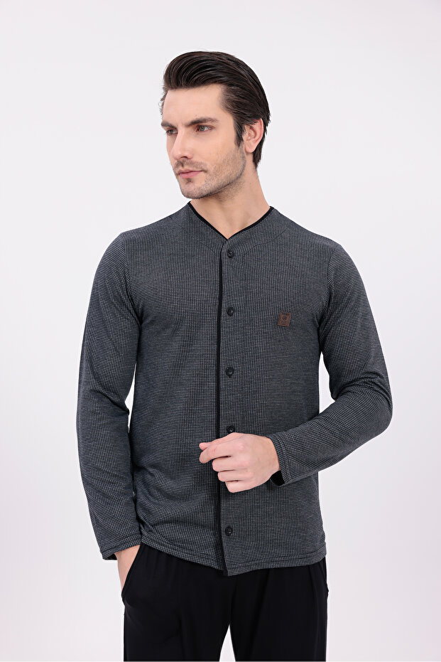 Men's Anthracite Knitted Striped Button Front Long Sleeve Cotton Men's Pajama Set