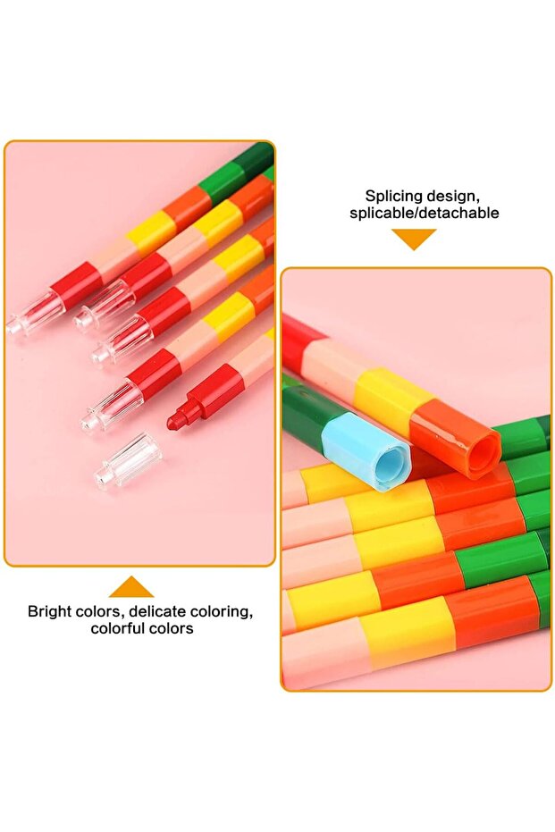 أقلام تلوين قابلة للتكديس، 12 قطعة، قابلة للبناء وملونة - 4