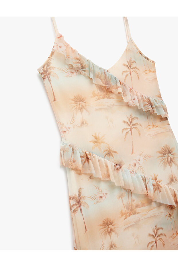 Lined Palm Tree Patterned Midi Length Thin Strap Ruffle Dress - 5