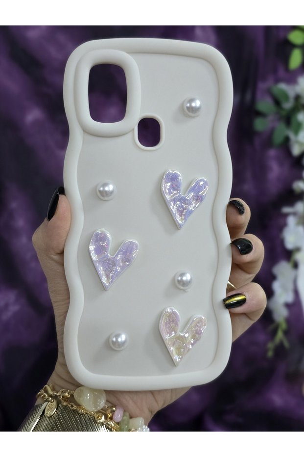 Samsung Galaxy A21S Compatible Shiny Heart & Pearl Detailed Soft Stylish Phone Case