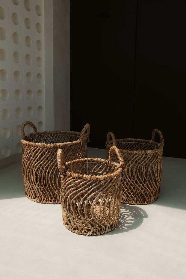 Decorative Basket with Openwork Detail Made of Banana Fiber 43X44 cm