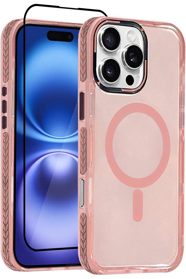 iPhone 16 Pro Max Hard PC Polycarbonate Shockproof Case (Pink Case + 1 Glass)
