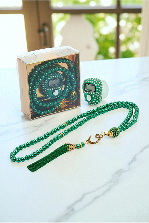 Gift Stone Zikirmatik and 99 Pearl Prayer Beads Set with Box - Green