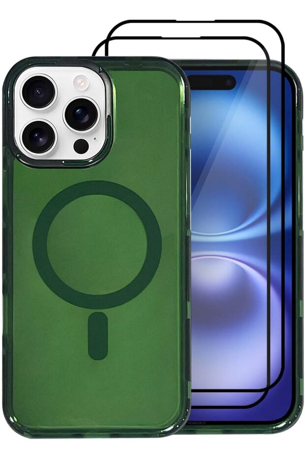iPhone 16 Pro Max Hard PC Polycarbonate Shockproof Case (Green Case + 2 Glass)