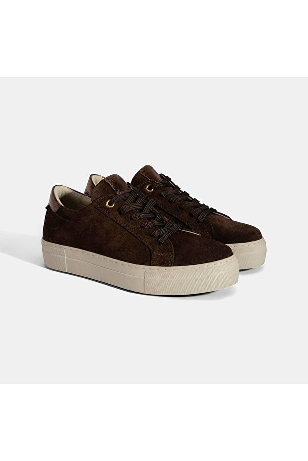 Women's Brown Lace-Up Thick Sole Suede Leather Sneaker