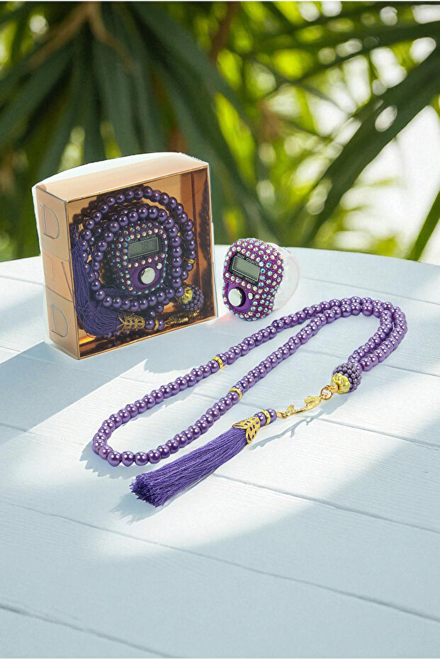 Gift Stone Zikirmatik and 99 Pearl Prayer Beads Set in Box - Purple