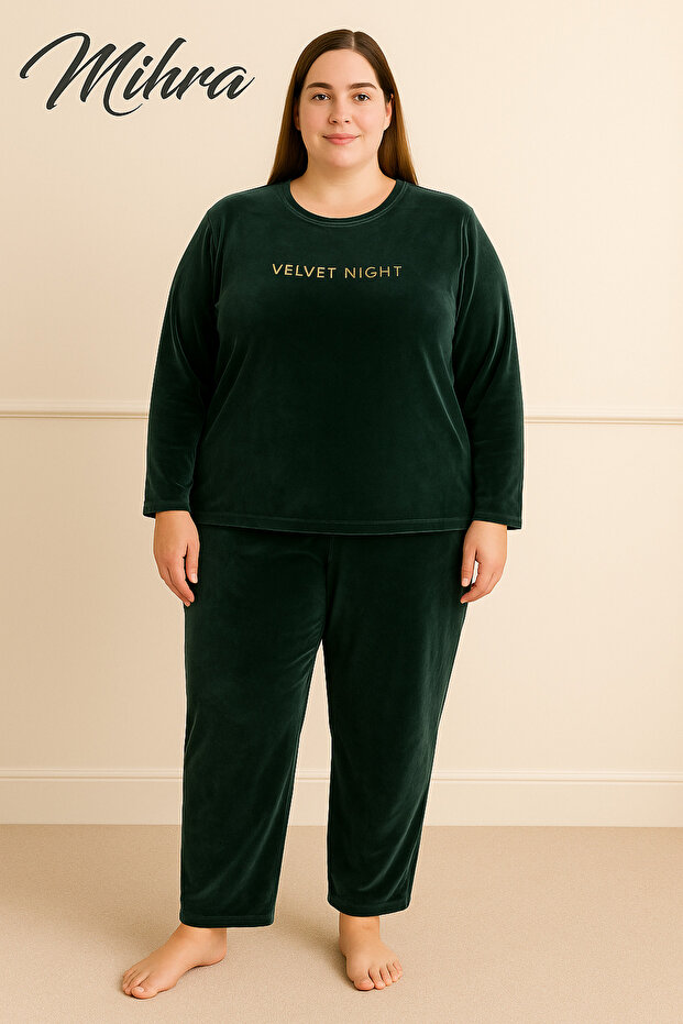 480-09-25 Velvet Fabric Crew Neck Long Sleeve Plus Size Women's Pajama Set