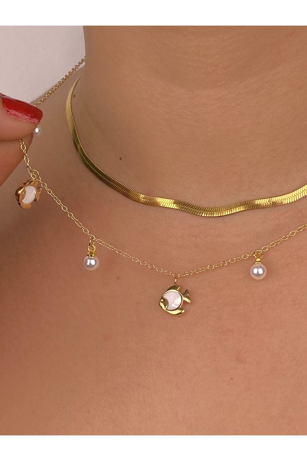 Fish Pendant Multi-Layered Stainless Steel Non-Tarnish Necklace Combination Set Italian Chain Pearl Detail Gold Plated