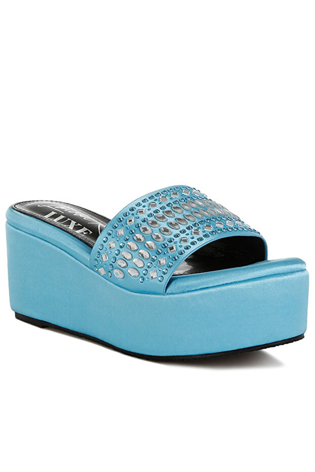 Women Diamante & Rhinestone Detail Flatform Sandals in Light Blue