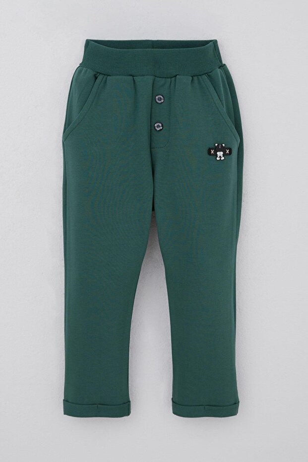 Baby Boy Sweatpants with Teddy Bear Embroidery, Pack of Button Accent for 9 Months-3 Years, Emerald Green