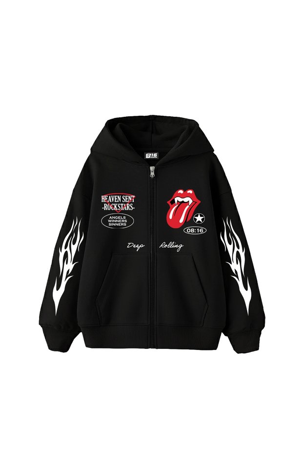 Deep Rolling Zippered Zip Hooded Unisex Black Sweatshirt