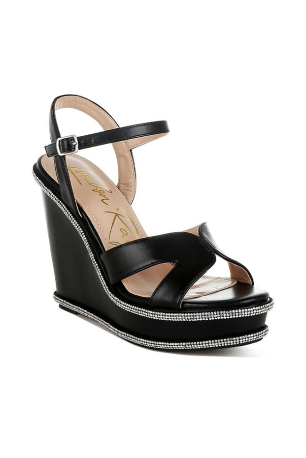 Women Rhinestones Embellished Wedge Sandals in Black