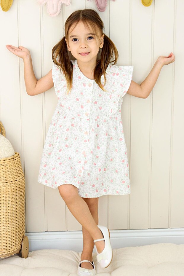 Girl's Dress with Floral Pattern and Front Button Detail, Ages 2-6, Ecru