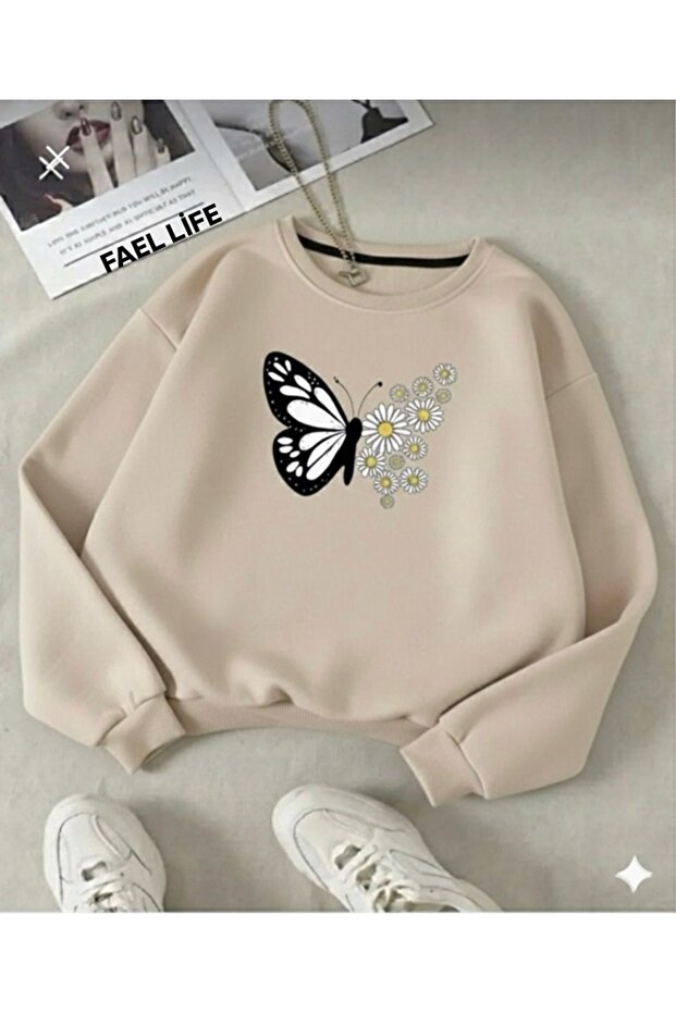 Women/Girls Zero Neck Butterfly Daisy Print Sweatshirt Oversized Cut