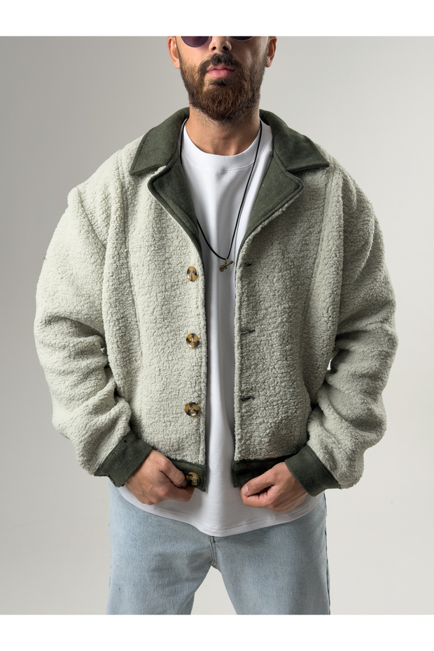 Men's Green Plush Cardigan with Cashmere Detail Coc2587