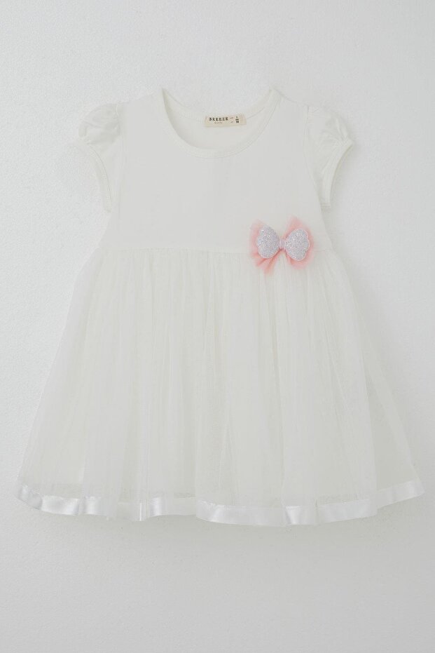 Girl's Dress with Tulle and Glitter Bow Accessory, Ages 2-6, Ecru