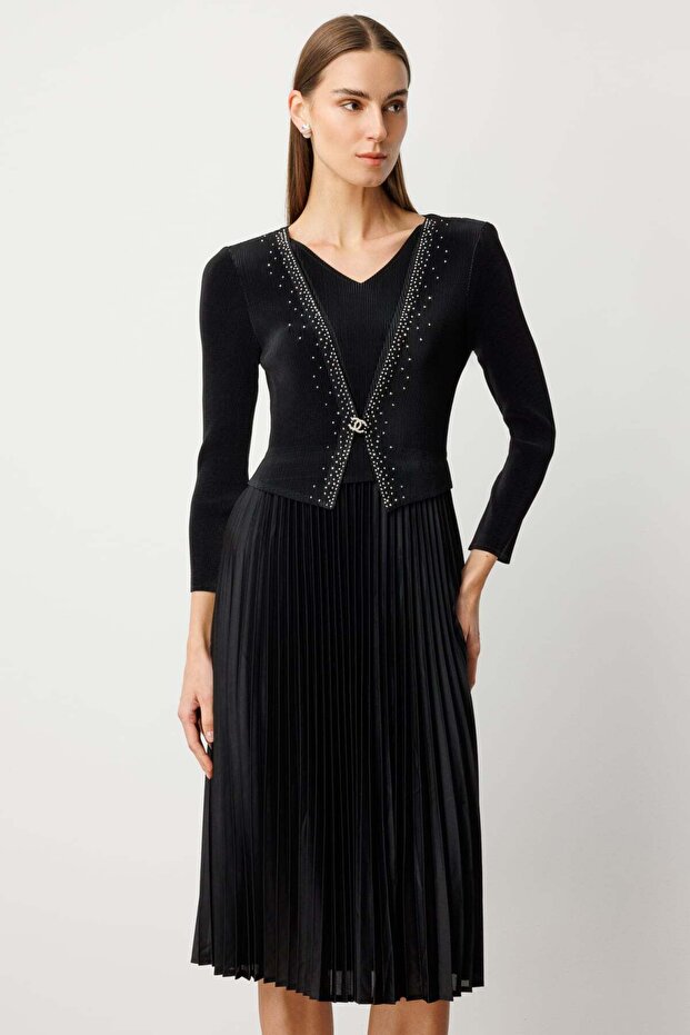 Eteği Piliseli Taş İşlemeli Elbise - 4