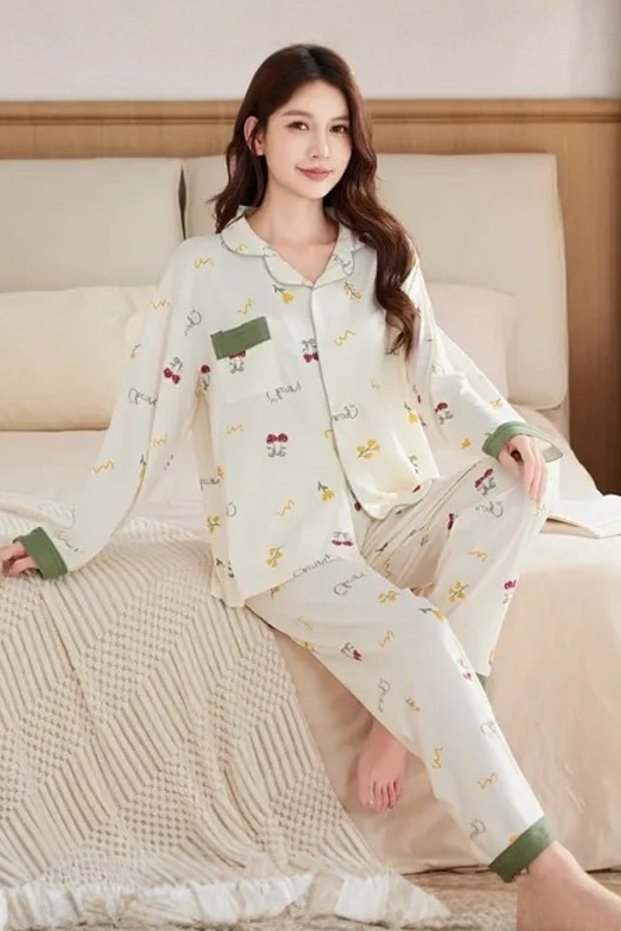 Cozy Cherry Print Pajama Set For Womens Two Pieces Lounge Set Girls Sleepwear Set