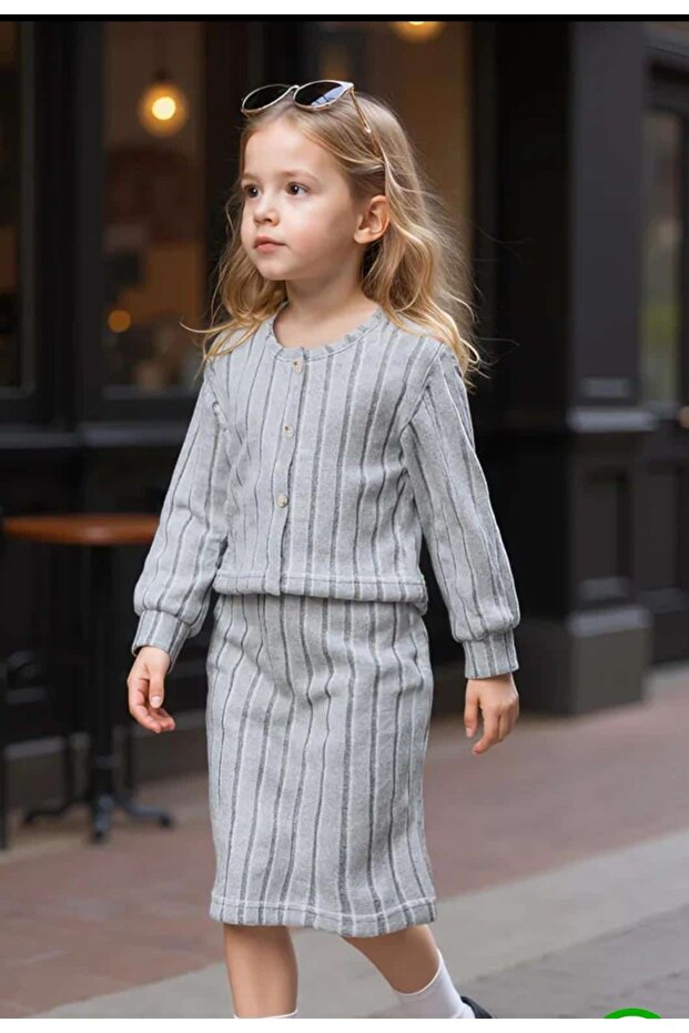 Girls Skirt Set, Long Sleeve Plush Warm Jacket and Buttoned Casual Plain Ribbed Dress Two Piece Set