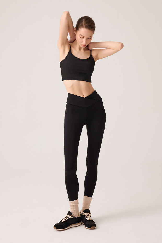 Black Cross Waist Detailed Leggings New Envelope