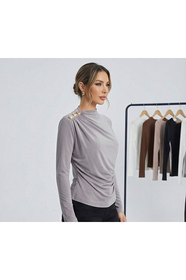 Women's Gray Boat Neck Shoulder Buttoned Long Sleeve Sandy Fabric Blouse
