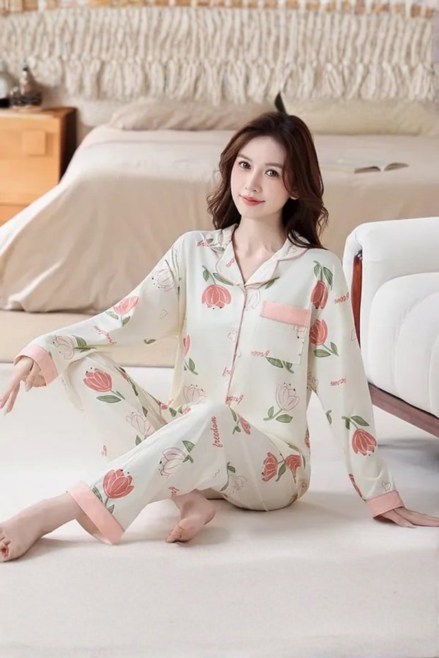Cozy Womens Pajama Set Floral Printed Sleepwear Lounge Pajama Two Pieces Set