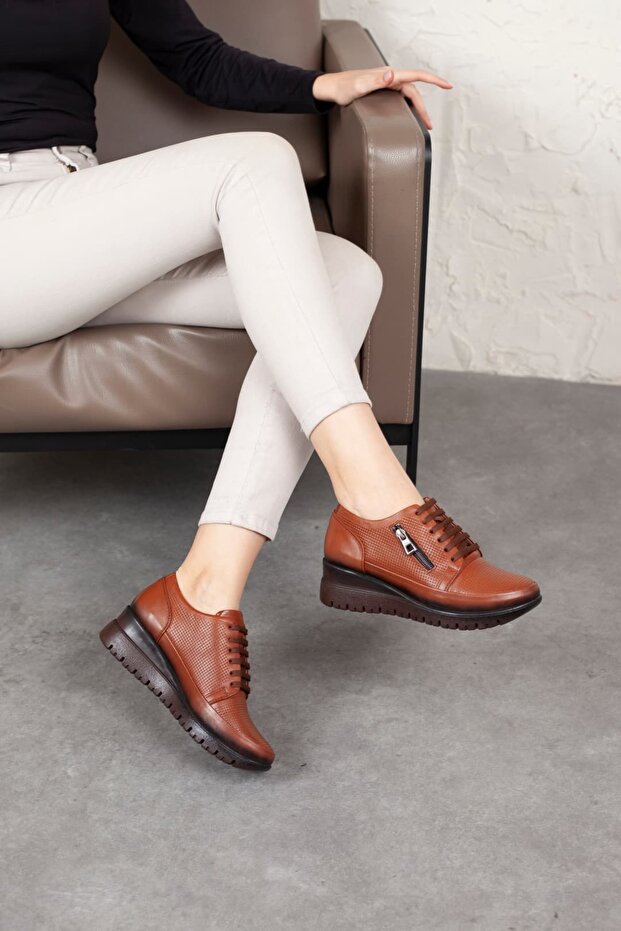 Women's Genuine Leather Accessory Zippered and Lace-Up Comfort Shoes